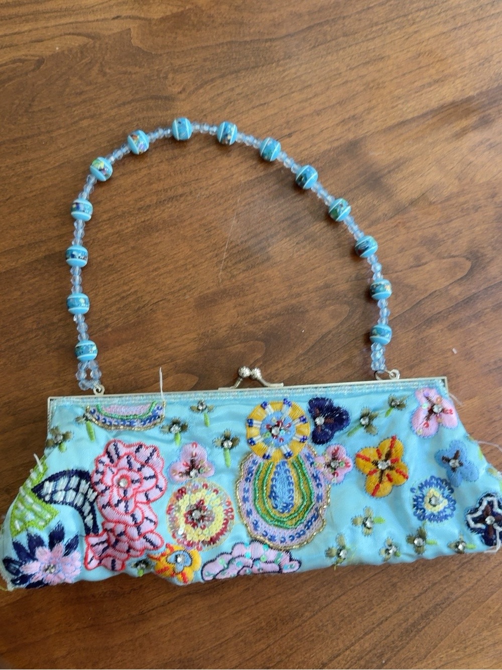 Vintage Beaded Embroidered Floral Evening Bag Aqua Blue Kiss Lock